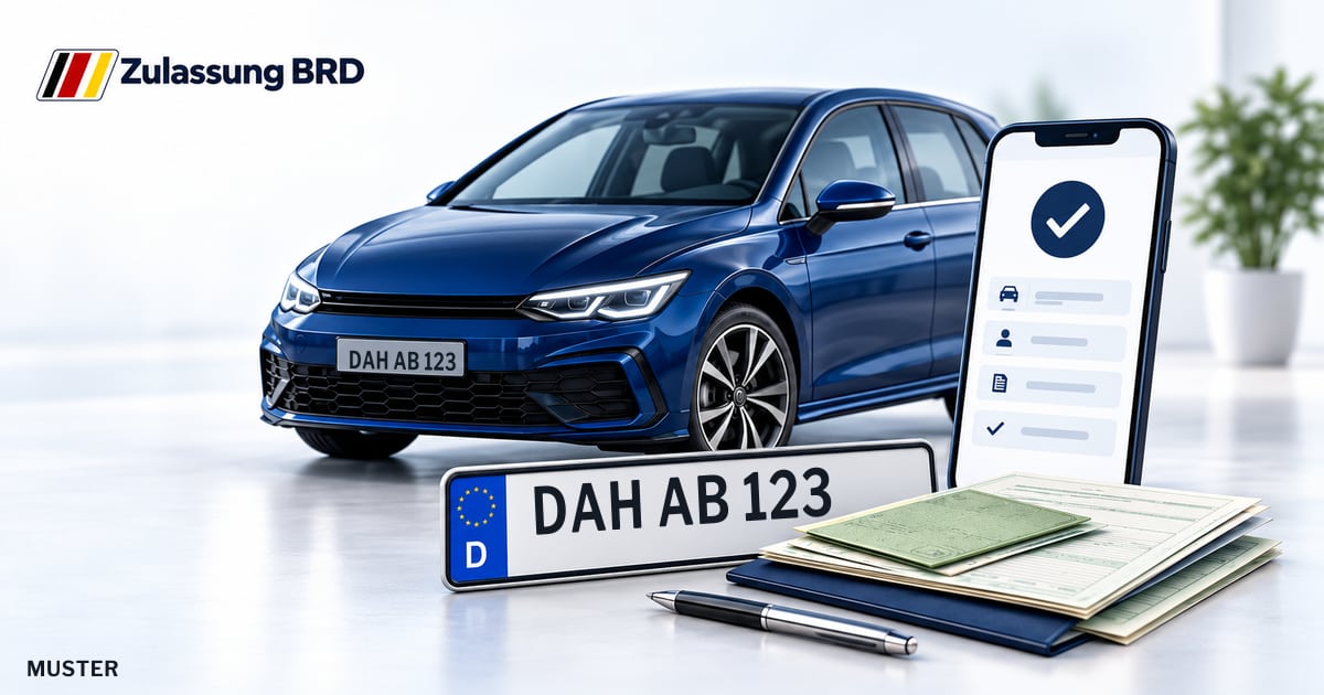 Online Fahrzeugzulassung in Markt Indersdorf: Musterkennzeichen DAH AB 123, Auto und Fahrzeugpapiere und Smartphone. Illustration mit Logo von Zulassung BRD.